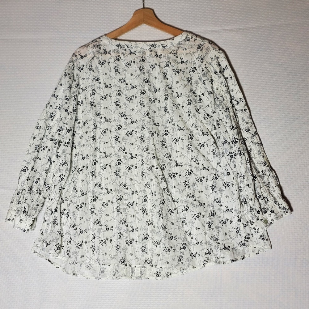 J Jill Pintuck Blouse Womens 1X White Floral 100% Cotton 3/4Sleeve Top Button-Up - Picture 6 of 13